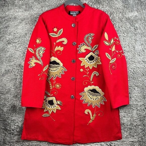 Indigo Moon Long Duster Jacket Red Embroidered Appliqued Artsy Blazer Large - Picture 1 of 9